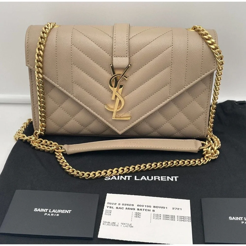 ❌SOLD❌Saint Laurent YSL Small Envelope Quilted Leather Crossbody Bag Purse Beige - Picture 2 of 12